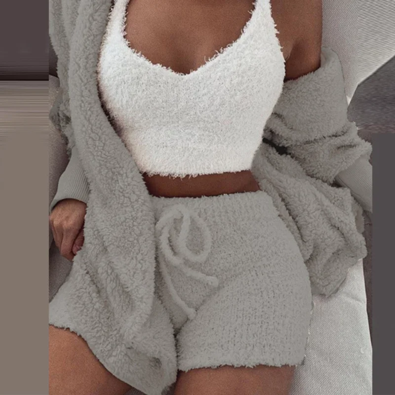 Three Piece Sexy Fluffy Outfits Plush Velvet Hooded Cardigan Coat+Shorts+Crop Top Women Tracksuit Sets Casual Sports Sweatshirts