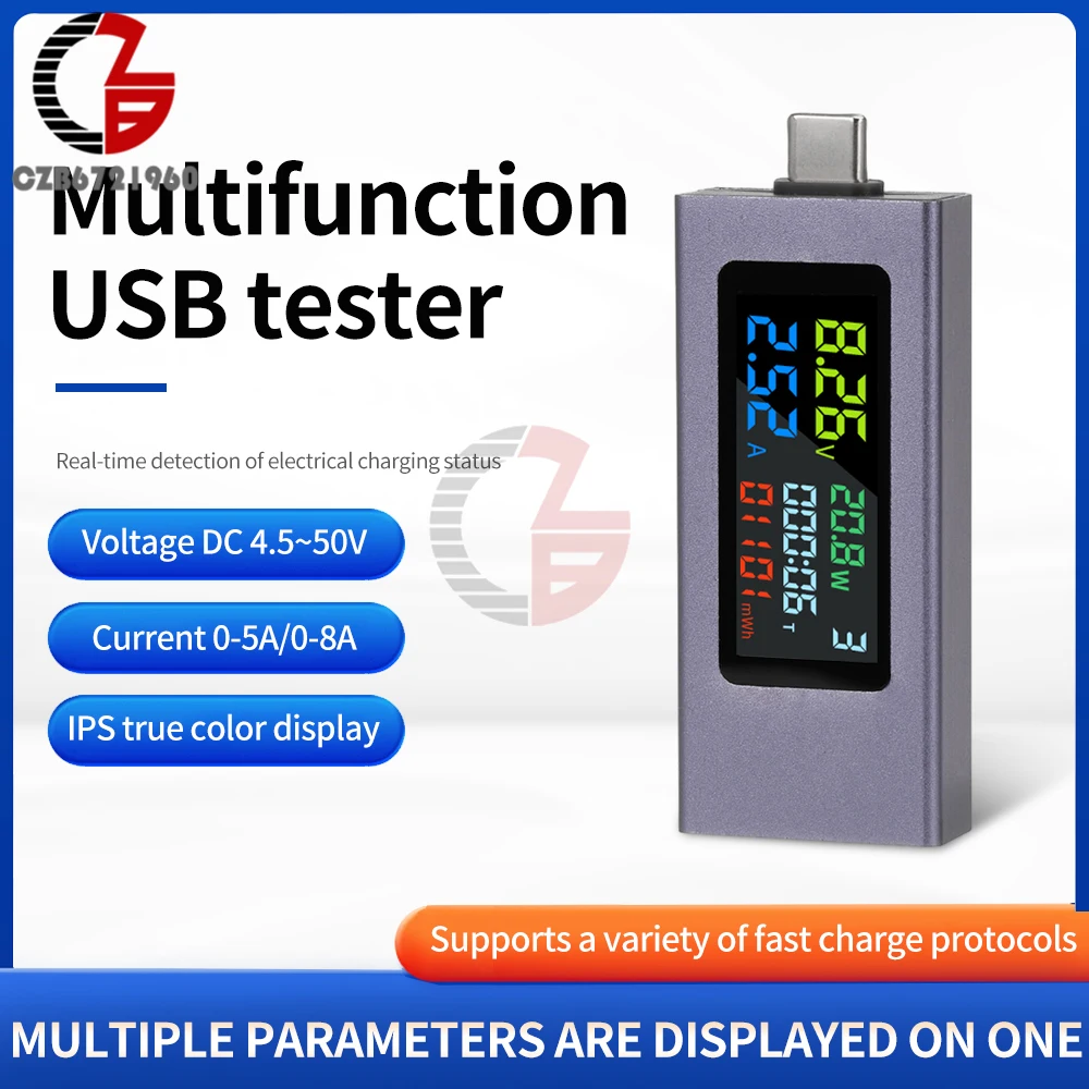 USB Type-C Tester Digital Voltmeter Amperimetro Voltage Current Meter Power Bank Charger Capacity Test Indicator DC 4.5-50V 0-8A