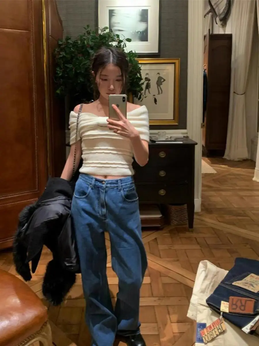 

Синие джинсы с высокой талией, прямые, облегающие, женские, классические, однотонные, весенняя мода, Dongda Gate Eight Milk