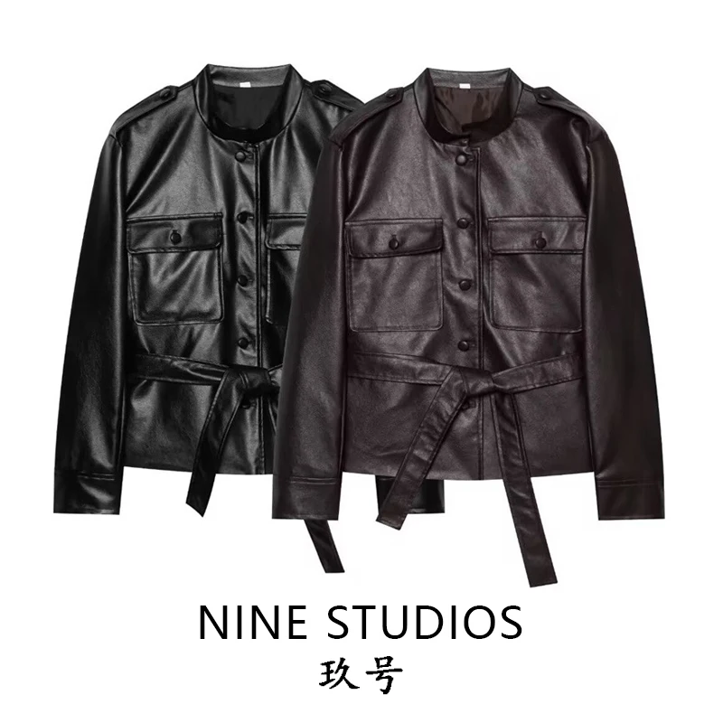 Motorcycle Style Leather PU Jacket Women's Belted Coat Top Short Length Long Sleeve Fashionable Female Clothing