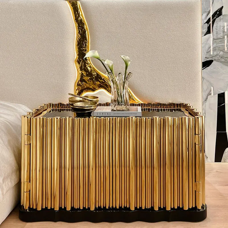 

Luxury bedside table light luxury high sense Portuguese designer stainless steel art modeling bedroom furniture