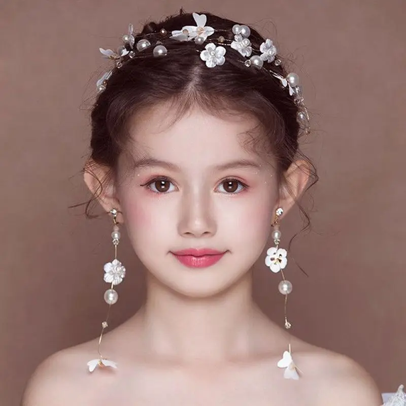 

White Color Headbands Kids Hairbands Wedding Flower Girls Handmade Pearl Rhinestone Tiaras Wedding Hair Accessories