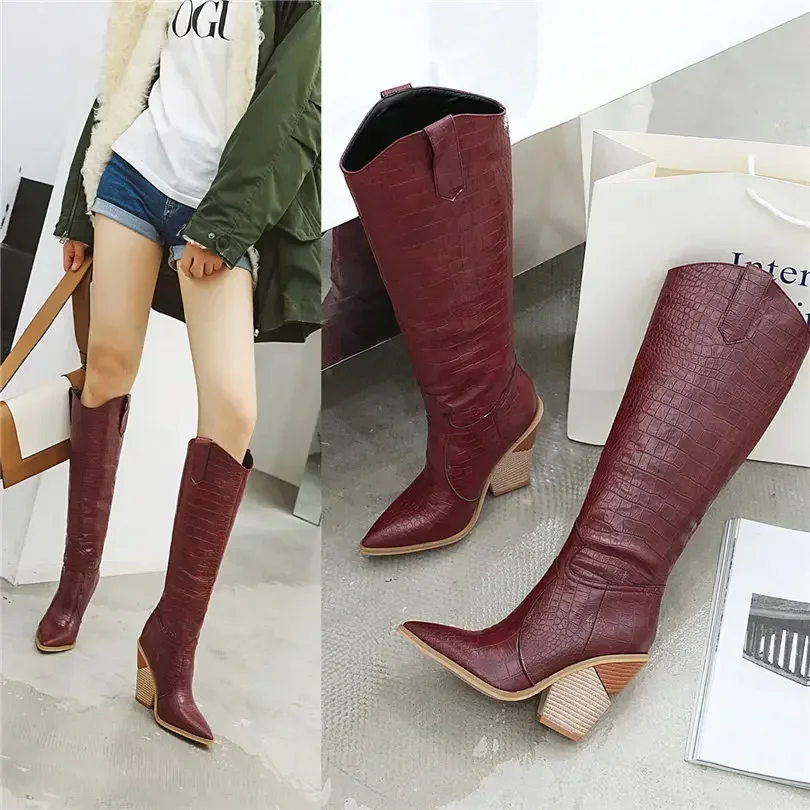 Winter Western Women Knee High Boots Black Yellow Black Crocodile Leather Pointed Toe Wedge Heels Lady Cowgirl Plush Long Boots