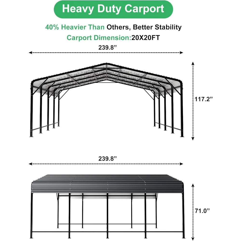 20x20 FT metalen carport met robuuste carportluifel, carport met versterkte basis en vijf luifelbalken, autogarage