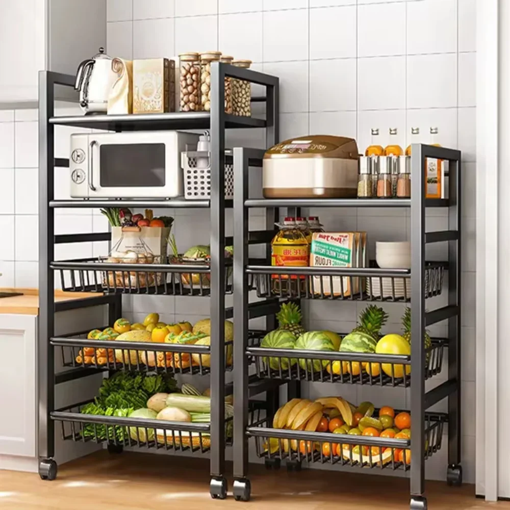 Kitchen Trolley Storage Basket Pot Racks Movable Fruit and Vegetable Storage Rack Multi-Layer Kitchen Removable Microwave Shelf