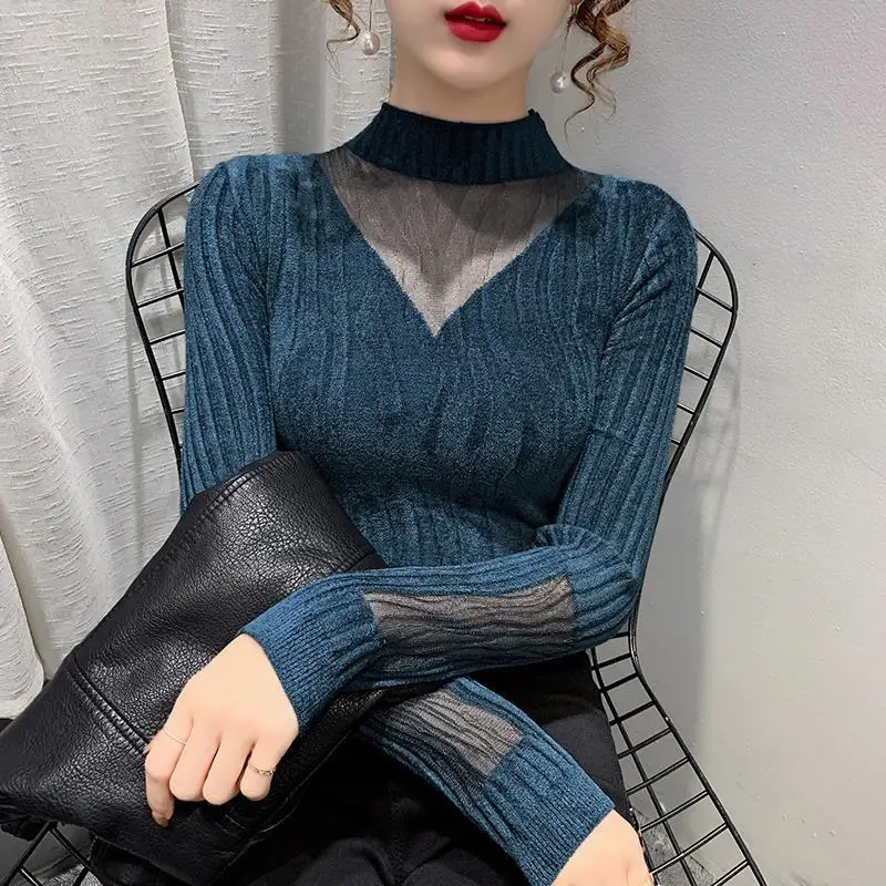 2023 Autumn/Winter New Half High Collar Long Sleeve Lace Bottom Sweater Slim Elasticity Bottoming Leisure Women\'s Knit Sweater