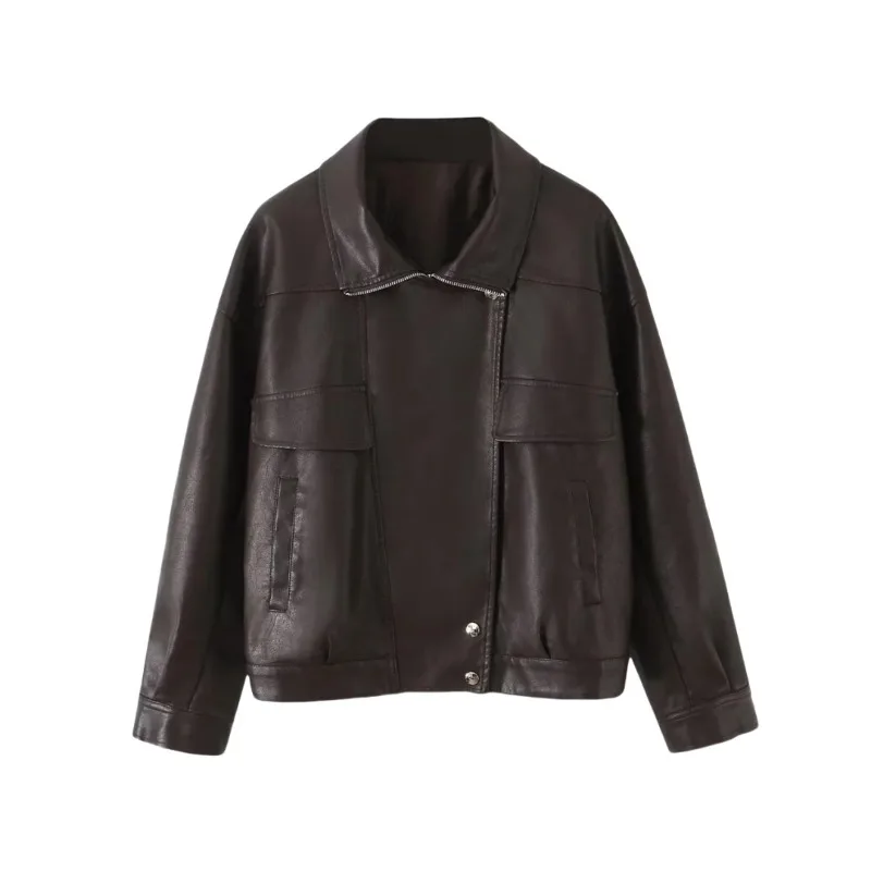 Black and Rown Loose Casual Leather Jackets Short Top Retro Locomotive Design Lapels Spliced Coat Fashion Women's Leather Jacket