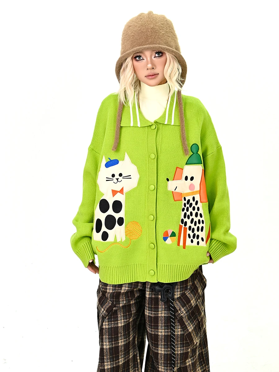 

Street Sle Knitted And Dog Print Open Cardigan Sweater Loose Fit Warmth for Winter Faionable Fem Outerwear