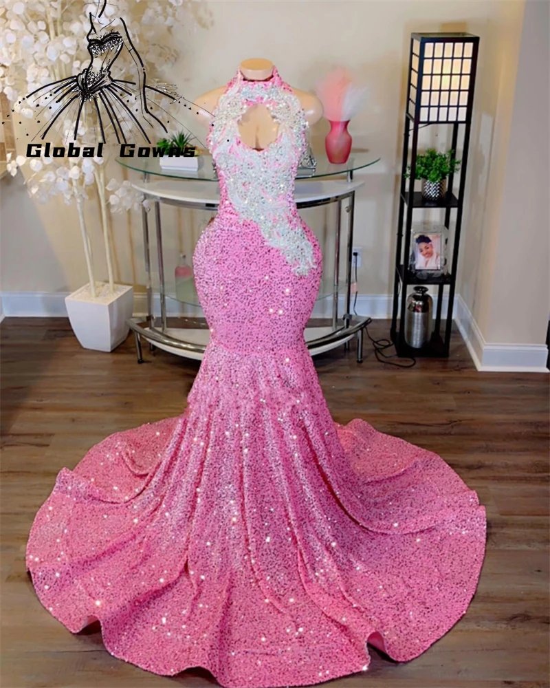 

Pink High Neck Long Prom Dress For Black Girls 2023 BSparkly Sequined Birthday Party Dresses Appliques Evening Gowns Mermaid