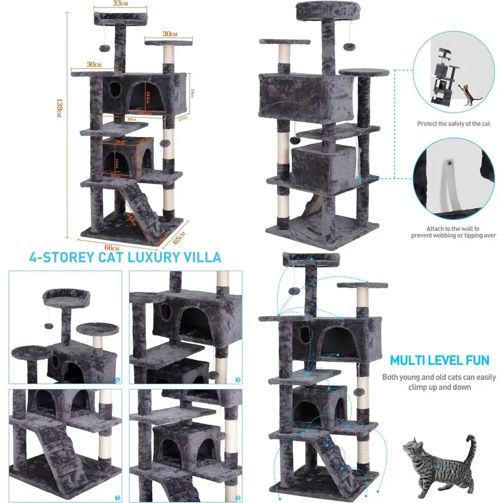 

Многоуровневая лежанка-когтеточка для кошек с платформами для прыжков и подвесными шариками для котят и кошек