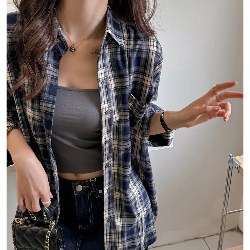 Hong Kong Style Plaid Shirt Women's Long Sleeve Spring Cardigan Design Grid Coat Breathable Loose Fit Polyester Fabric