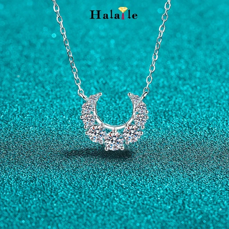 Halaile D Color Moissanite S925 Sterling Silver Crescent Moon Pendant Necklace with GRA Neck Chain Jewelry Dainty Gift for Women