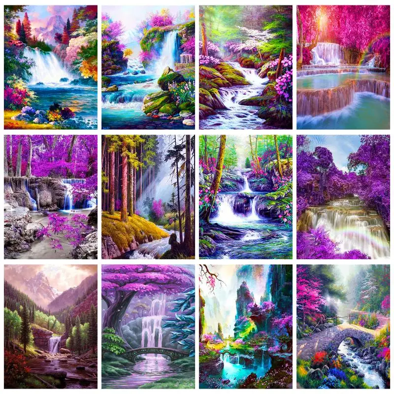 

CHENISTORY Rhinestones Diamond Painting Frame Forest Mountain River Landscape Handmade For Adults Kids Mosaic Painting Diy Set