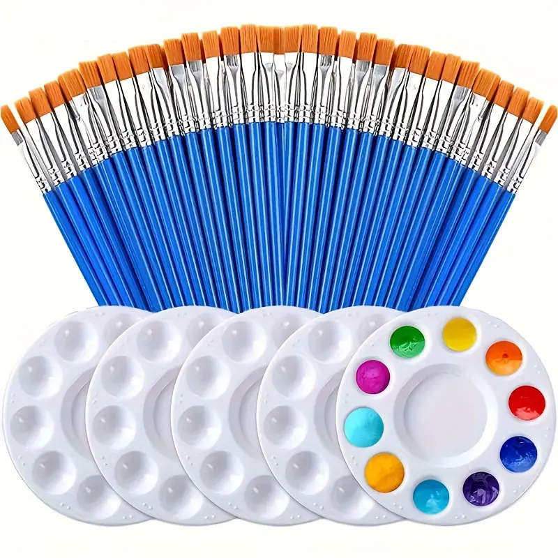 Paint Brushes Palettes Set 30pcs Flat Nylon Hair Artist Brushes With 5pcs Paint Trays For Acrylic Watercolor Oil Gouache Tempera