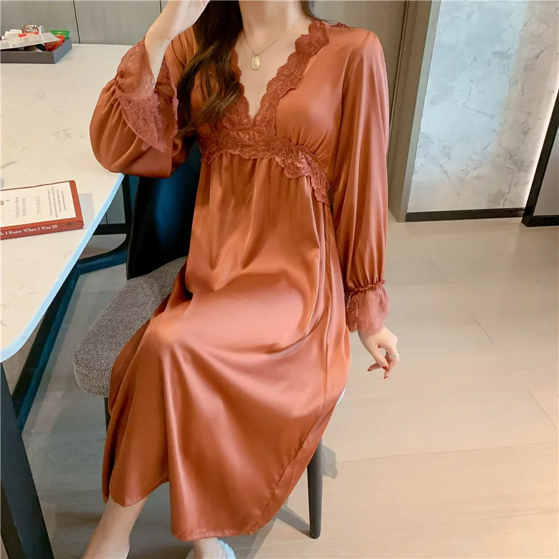 Deep V-Neck Nightgown Sexy Women Satin Sleepwear Palace Nightdress Lingerie Female Kimono Dressing Gown Princess Style Nightwear