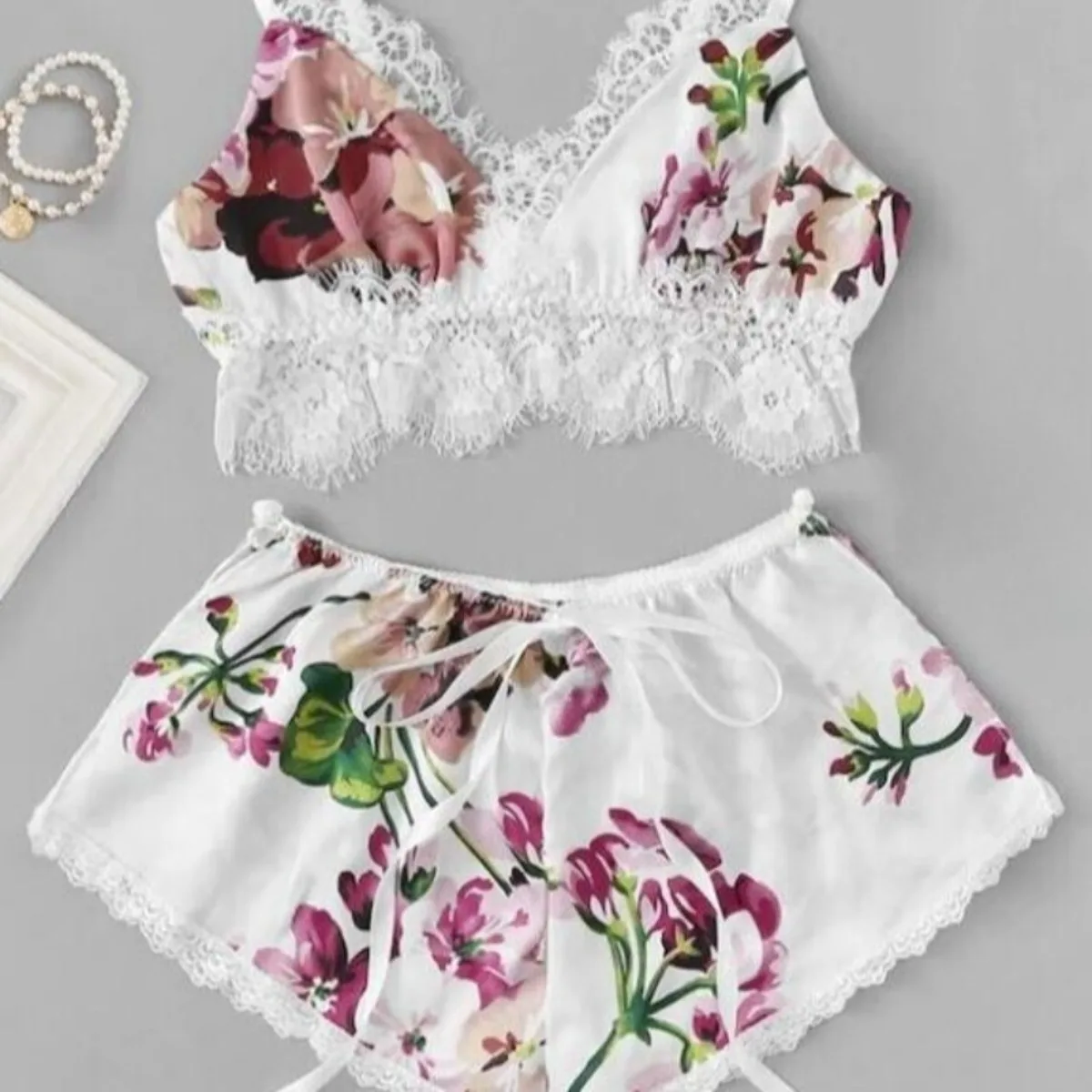 Floral Print Lace Trim Cami Top And Matching Shorts Set Featuring Comfort Design For Women Sexy Erotic Lingerie Costumes Outfits