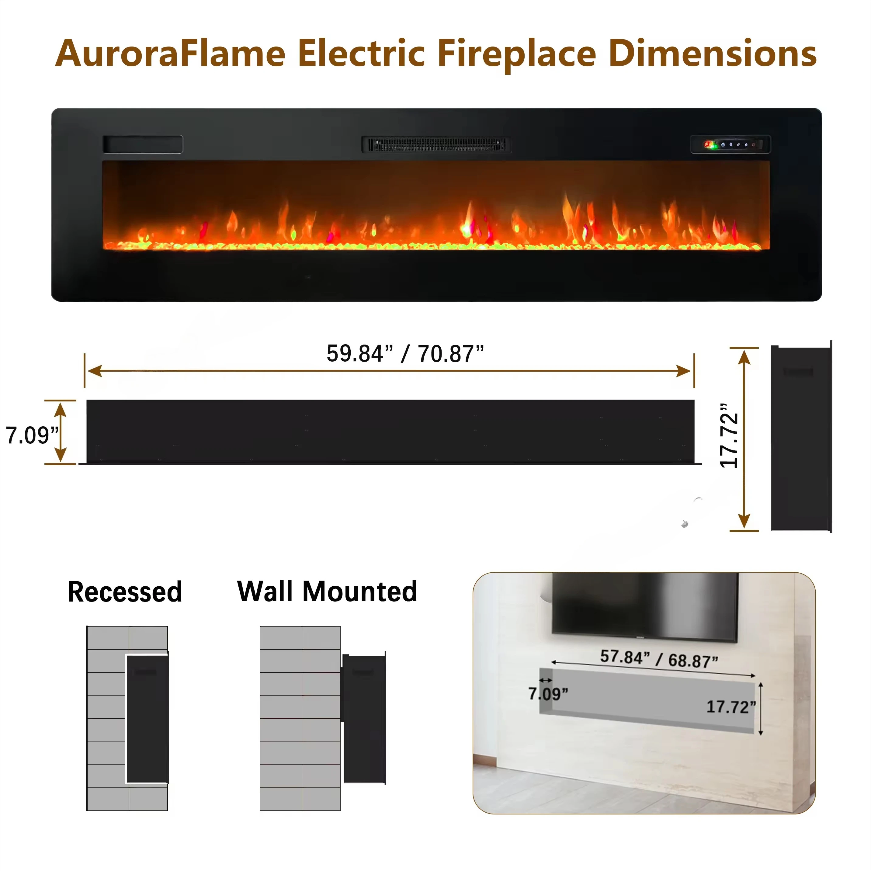 59 70'' Indoor Decoration Electric Fireplace Heaters Insert Remote Control Adjustable Flame Brightness Wall Mounted Fire Place