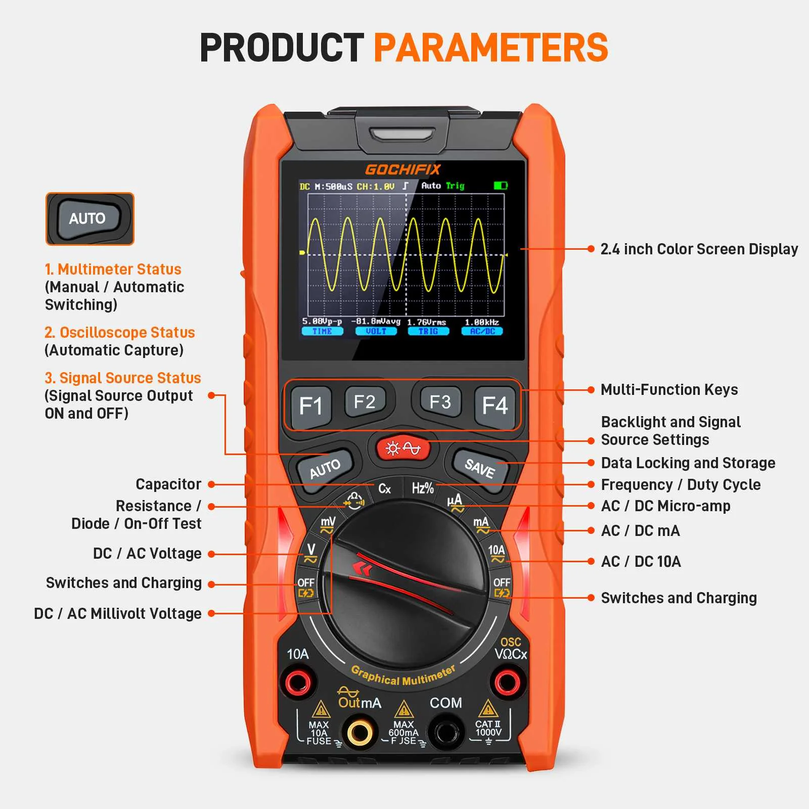 GOCHIFIX 3 in 1 oscilloscopio multimetro generatore di forme d\'onda 12 Mhz larghezza di banda 50 Msps frequenza di campionamento oscilloscopio con