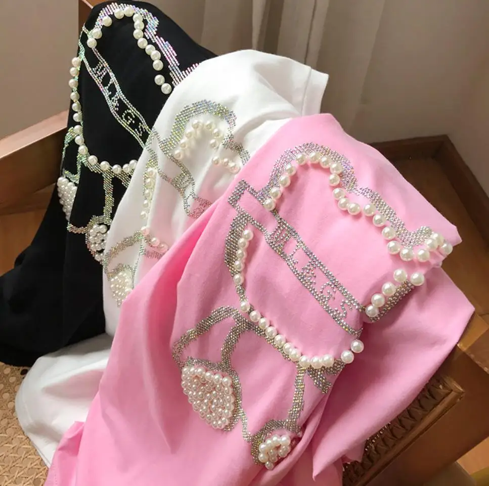 Buckle Green Bear Beading T-shirt Heavy Handmade Diomand Shiny Bowknot Embroidery T Shirt Summer Tees Top Accessories Clothes