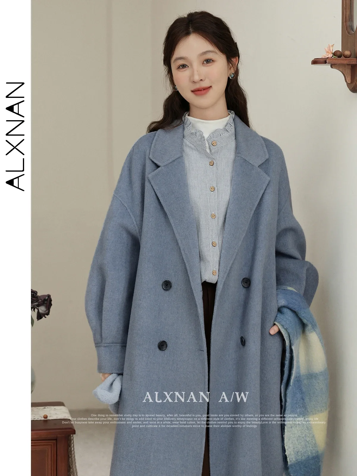 

ALXNAN Women's Wool Blends Coat Korean Style Double-breasted Lapel Collar Mid-length Autumn Winter 2024 Commuter Coat LXN32335