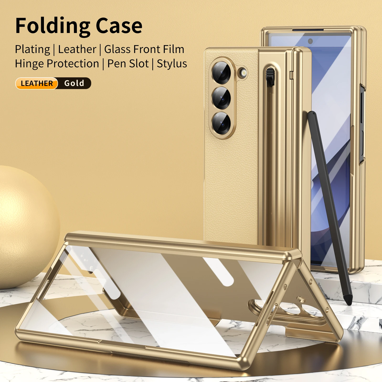 VIETAO voor Samsung Galaxy Z Fold 7 lederen telefoonhoes met scharnierbescherming, Z Fold 6 hoesje met voorschermfilmbeschermer + pen