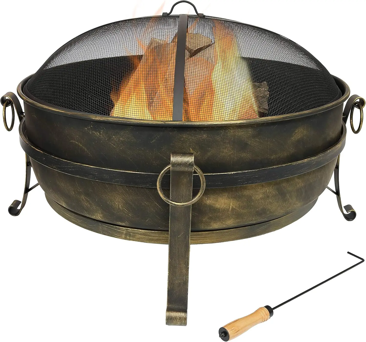 

34-Inch Cauldron Style Outdoor Fire Pit Bowl with Spark Screen, Log Poker, and Wood Grate - Dark Bronze Finish