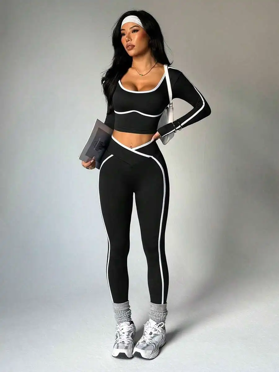 

Seamless High Elasticity Yoga Fitness Women Criss-Cross Waist Contrast Color Two Piece Legging Set