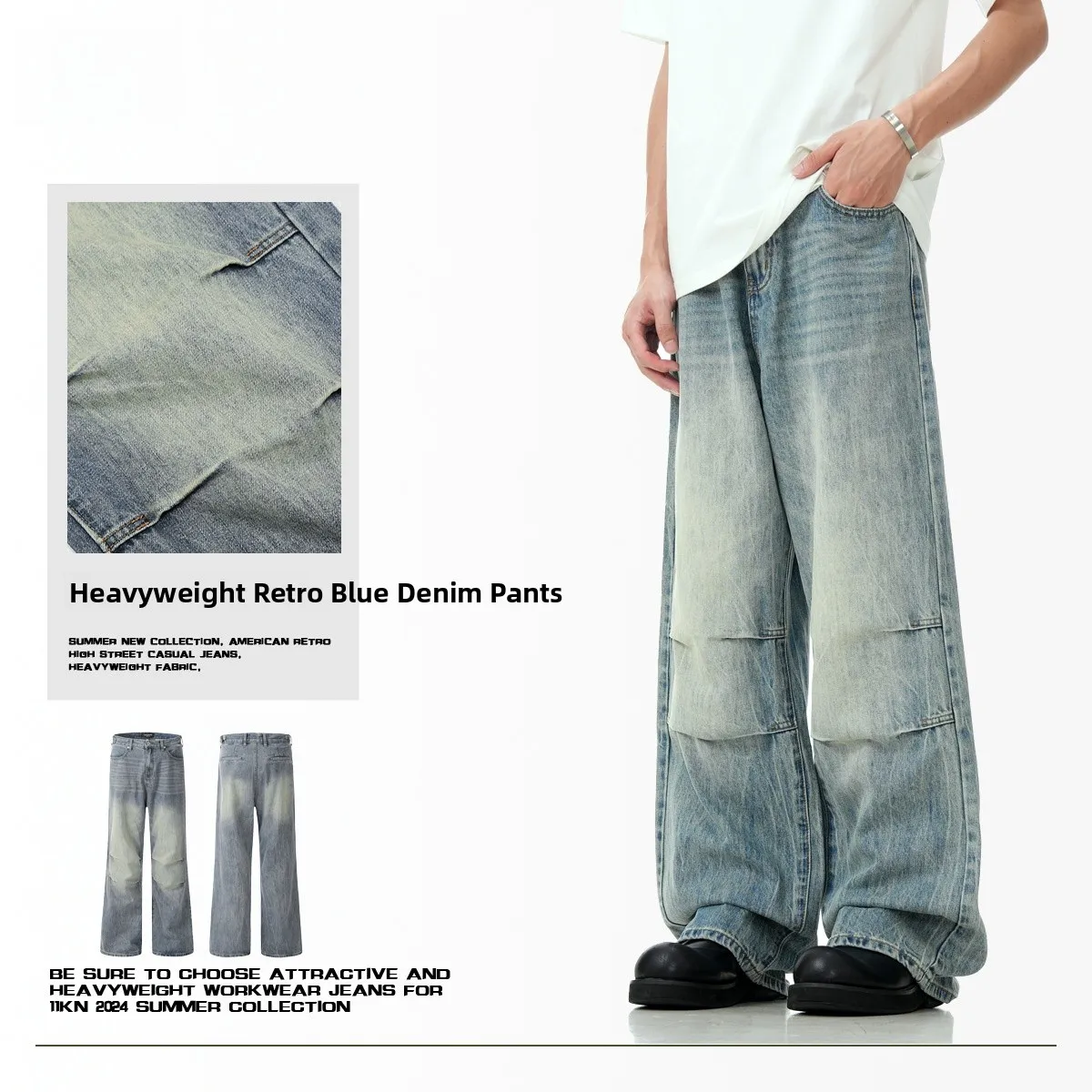 

Loose Straight Leg Blue Jeans Men's Women's Pleated Design Slimming 3D Wide Leg Casual Cotton Denim mid Waist Long Trousers