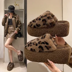 Flock Flat Shoes Female Slippers Heels High Short Plush Rubber Totem with High-Heeled Shoes Lady Slippers Flat Flock Totem Rubbe