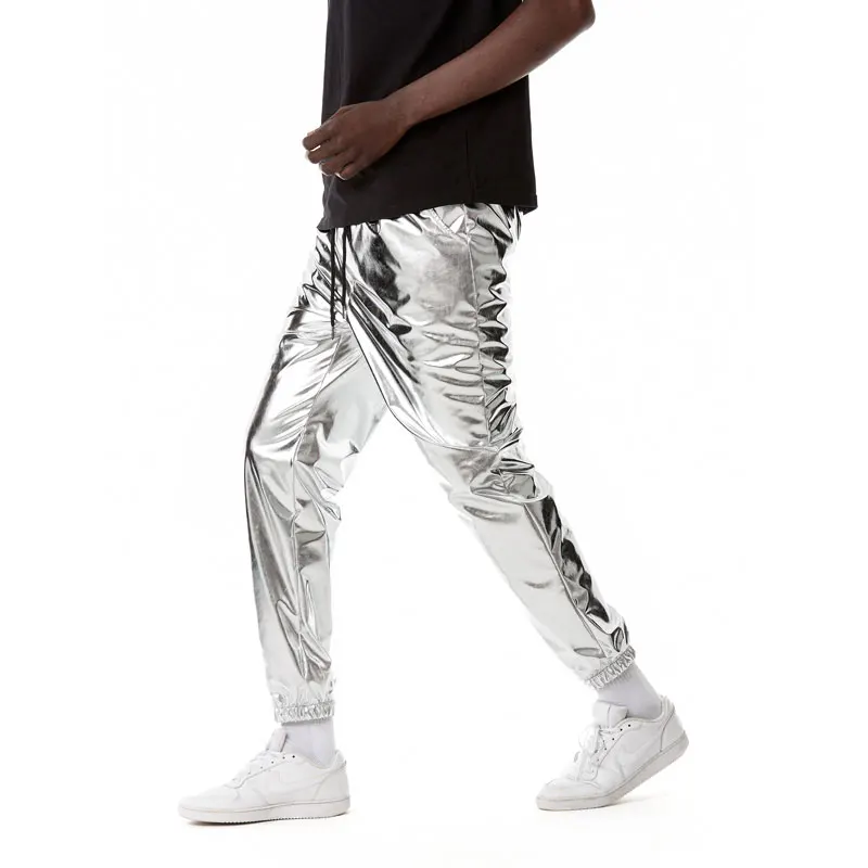 Mens Shiny Silver Metallic Jogger Sweatpants Hip Hop Wet Look Trousers Men Club Party Festival Prom Streetwear Pantalones Hombre