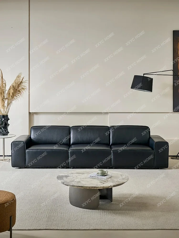 

Итальянский минималистичный светлый роскошный большой черный коровьей утолщенный кожаный диван для гостиной, прямой ряд, элитный ретро
