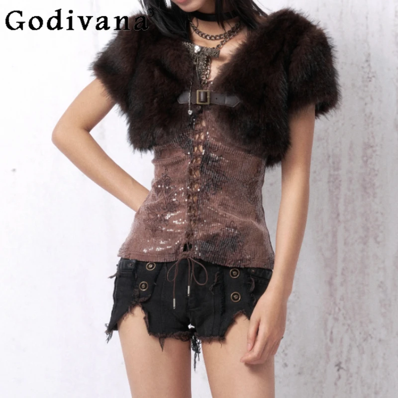 

Personalized Heavy Industry Sequins Embroidery Splicing Sexy Suspender Vest Fashion Slim Retro Leisure V-neck Street Girls Top