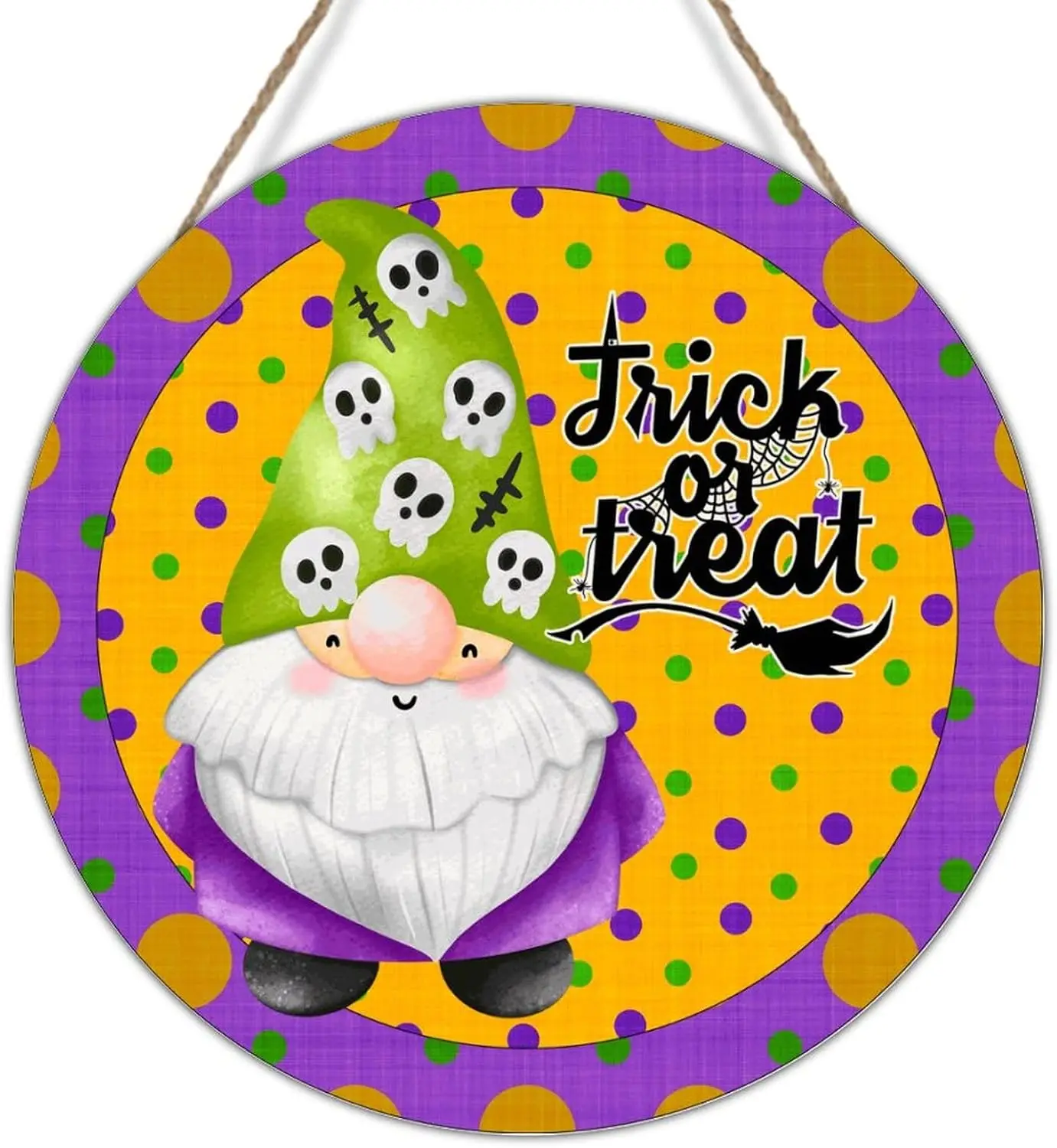 

Purple and Green Polka Dot Wreath Gnomes Wood Wall Decor Sign Door Hanger Scary Gnomes Rustic Signs Halloween Trick or Treat