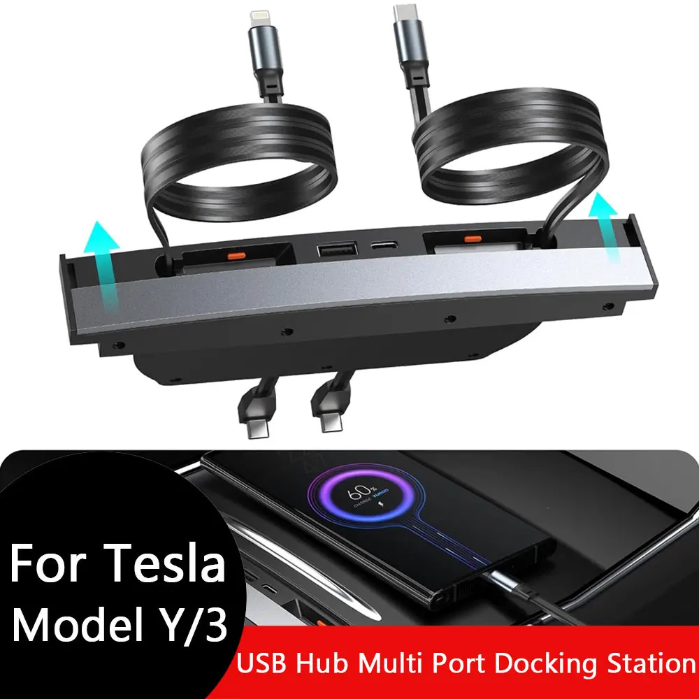 Car USB Hub for Tesla USB Hub Multi Port for Tesla Model 3/Y Multifunctional Tesla Accessories Anti-Dust Sliding Lid Retractable