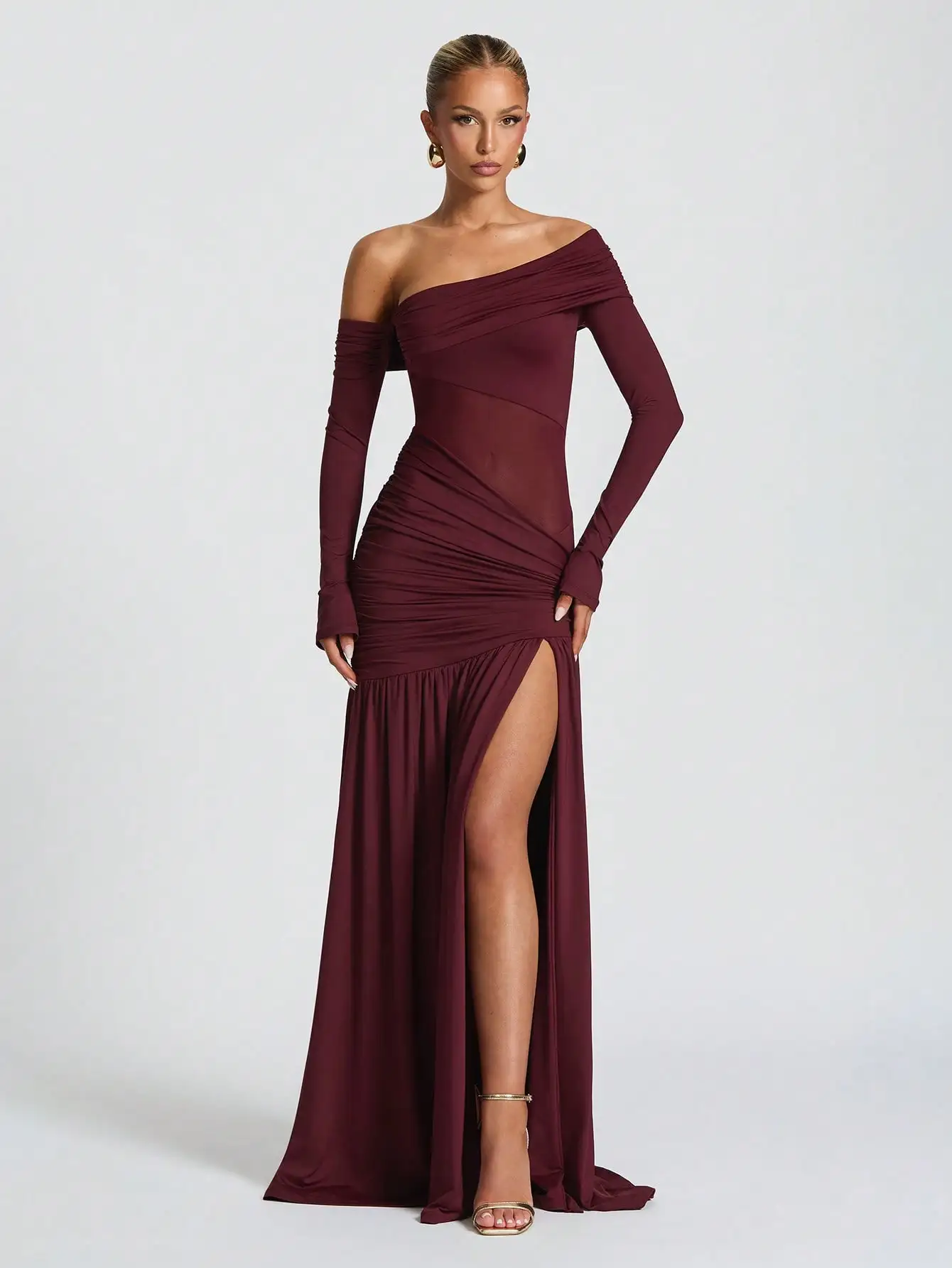 

Elegant Asymmetrical One-Shoulder Long Sleeve Maxi Dress with High Slit for Party Formal Events