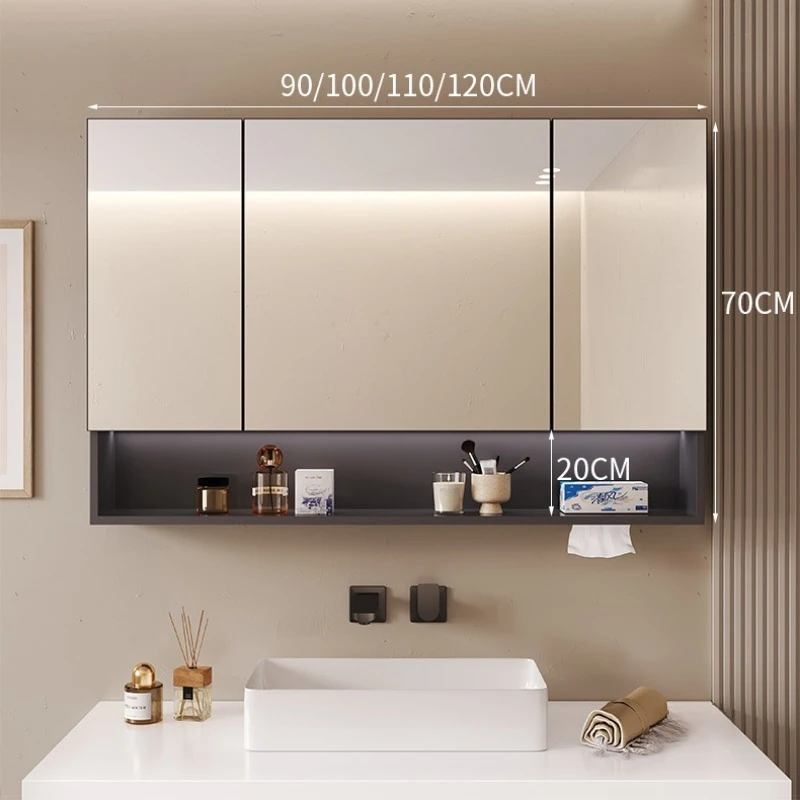 Space Aluminum Bathroom Mirror Cabinet Bathroom Furniture Wall-mounted Mirror Light Integrated Cabinets With Storage Rack