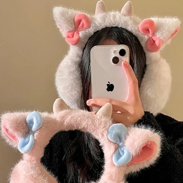 جديد الوردي رام القرن غطاء للأذنين مع لطيف ملون صغير القوس عقدة الشتاء يندبروف الدافئة فتاة الموضة امرأة غطاء الأذن