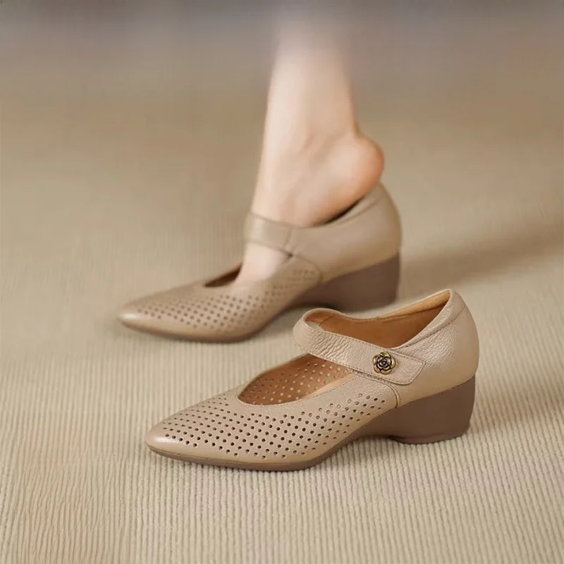 

Кожаные женские сандалии на среднем каблуке с круглым носком и толстым каблуком Single oes, весна-лето, новые мягкие сандалии-боты, повседневные модные...