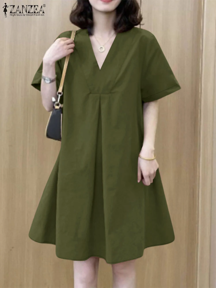 ZANZEA Women Summer Mini Dresses Fashion V Neck Short Sleeve Solid Sundress Casual Pleated Vestido Elegant Work Dresses Oversize