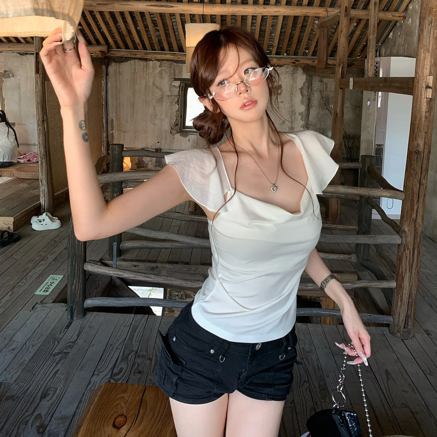 Early Autumn Square Collar Fly Sleeve Slim Shirt 2026 Pure Desire Wrist Expose Ribbing Waist Shirt Top Girl Style Cotton Poly...
