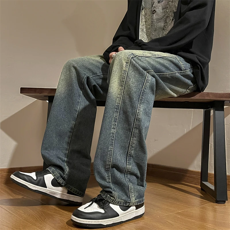 Waed خمر الرجال الجينز فضفاض بنطال ذو قصة أرجل واسعة الأمريكية Sle ربيع الخريف العصرية شارع العليا الطابق طول بناطيل كاجوال