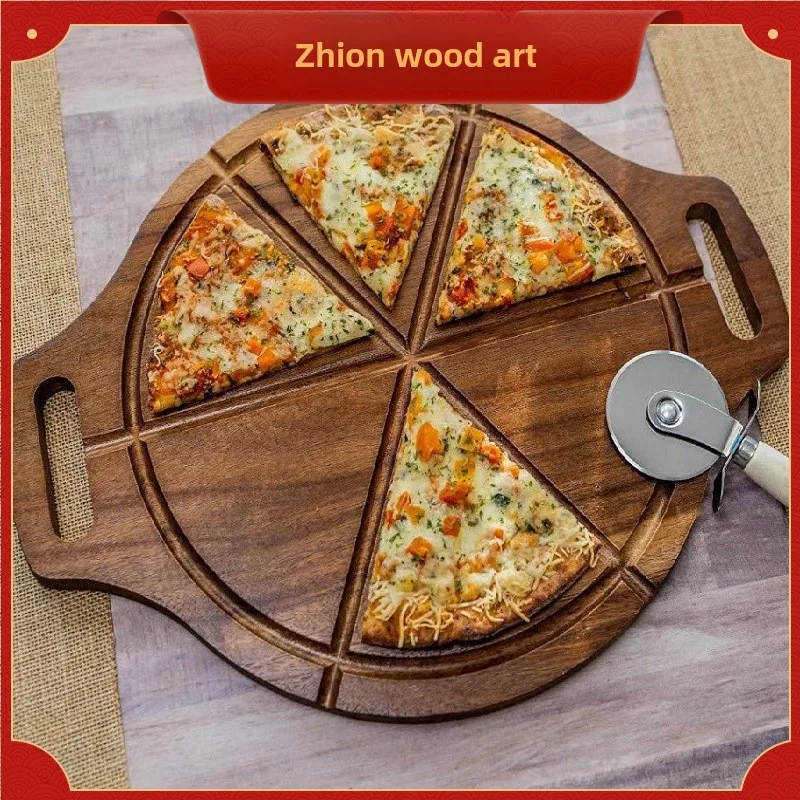 Wooden Pizza Plate Acacia Mangium Double-Sided Available  Handle Creative  Slotting