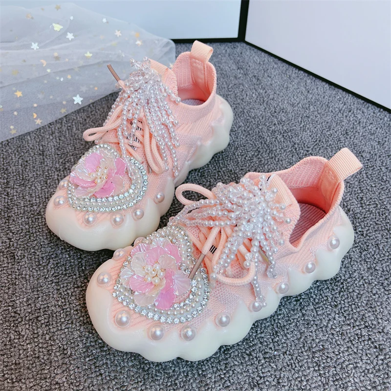 Girls Sneakers 2023 Autumn Kids Fashion Brand Princess Flats Children Running Sports Shoes Breathable Rhinestone Pearl Soft Sole