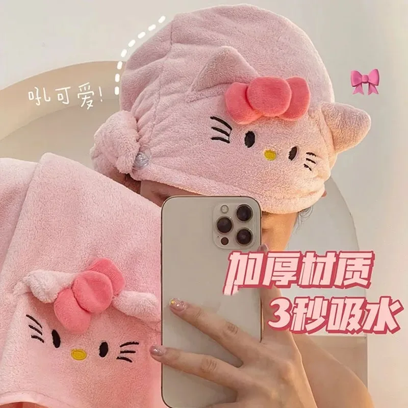 Hello Kitty Cartoon Cute Bath Towel and Bath Dress Three-piece Set Creative Kawaii Quick-drying Non-shedding Dry Hair Hat Towel