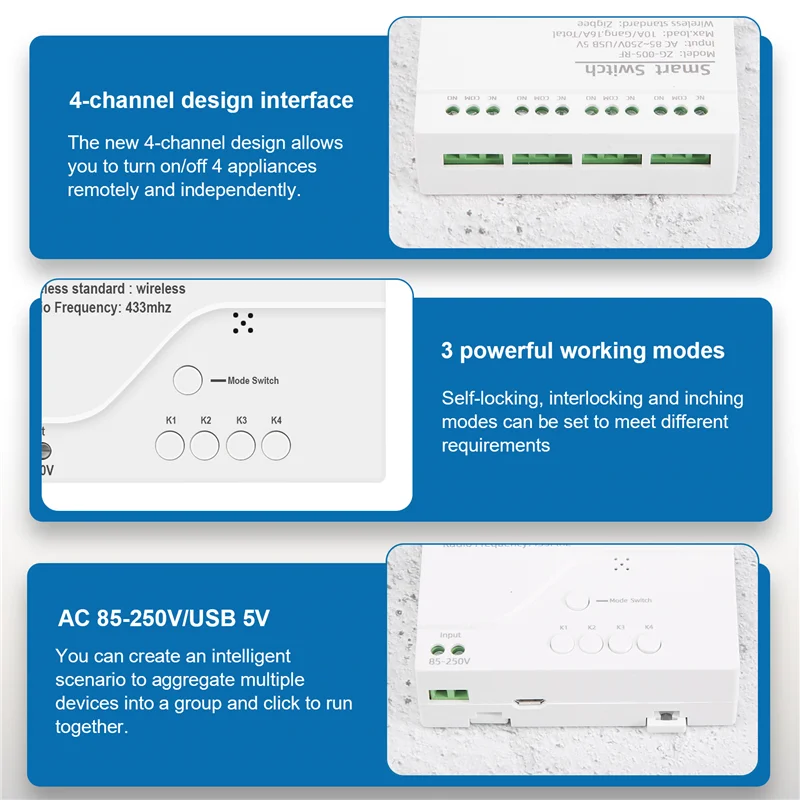 

Y22A-4CH Модуль умного выключателя света Zigbee AC 85-250 В RF433, прием реле 10 А, работает с Alexa Assistant, Tuya Smart Life