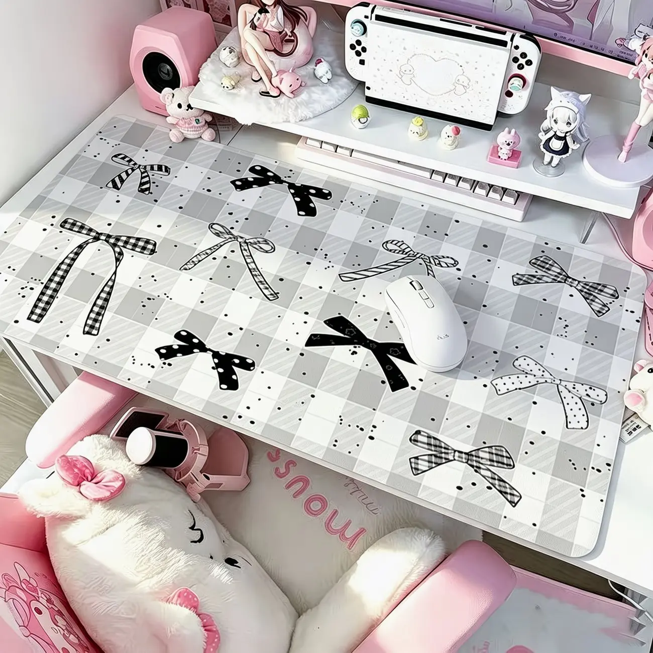 Ins Korean Polka Dot Star Plaid Bow Black White Y2K PU Leather Desk Mat Chip Gaming Table Mouse Pad For Office Keyboard Player