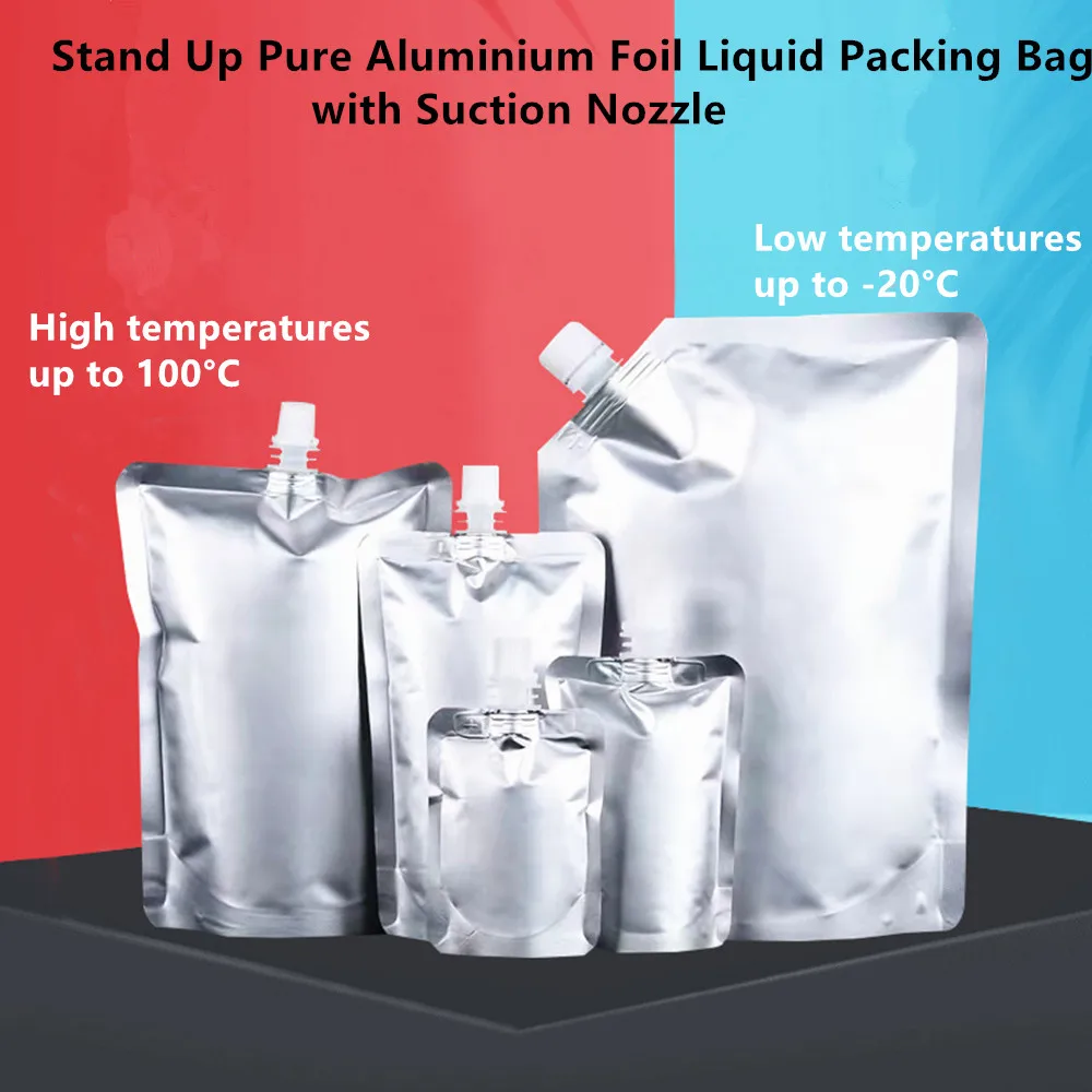 20pcs Silvery White Stand Liquid Packaging Bags Food Grade Pure Aluminum Foil Pouches with Suction Nozzle Drinks Package Doypack