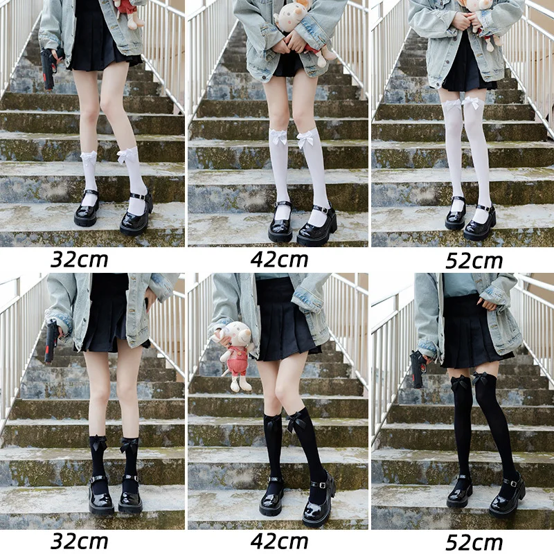 Opaque Bow Knee High Socks New Women Black White Sexy Thigh High Stockings over Knee Long Tights for Girls Ladies