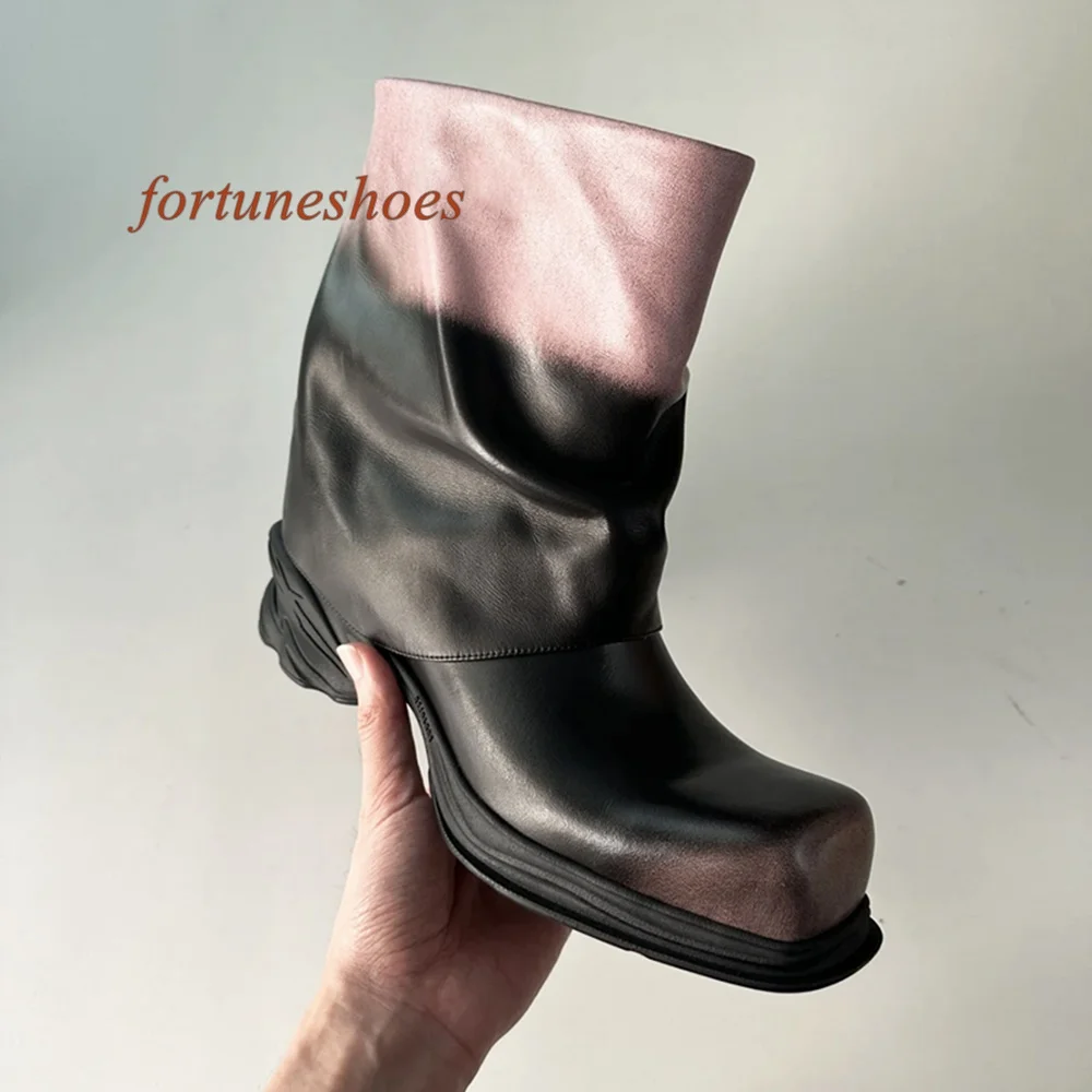 Square Toe Mid Calf Boots Slip On Patchwork Color 2024 Autumn/winter New Arrivals Women Boots Chunky Heel Fashion Casual Boots