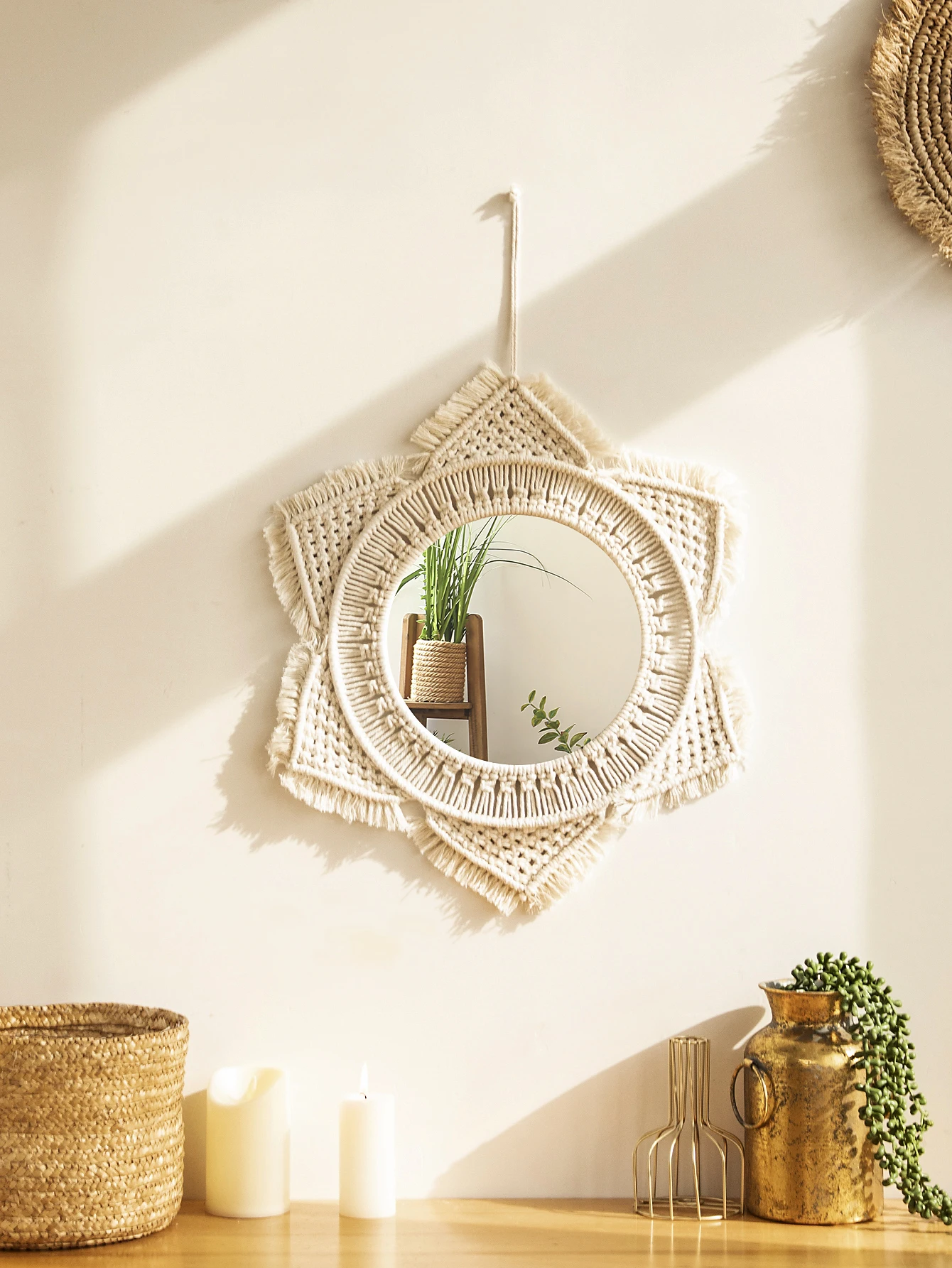 Nordic Room Decorative Mirrors Boho Macrame Round Cosmetic Mirror Room Wall Mirror Woven Macrame Crafts Home Decor Wall Decor
